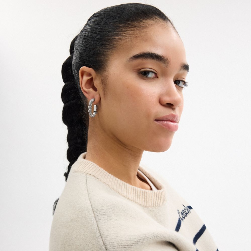 COACH®,Pavé Floral Oval Hoop Earrings,Hoops,Glass,Metal Material,Cubic Zirconia,Crystal,Gem Embellishment,Lettering Word,L...,Clear,Detail View