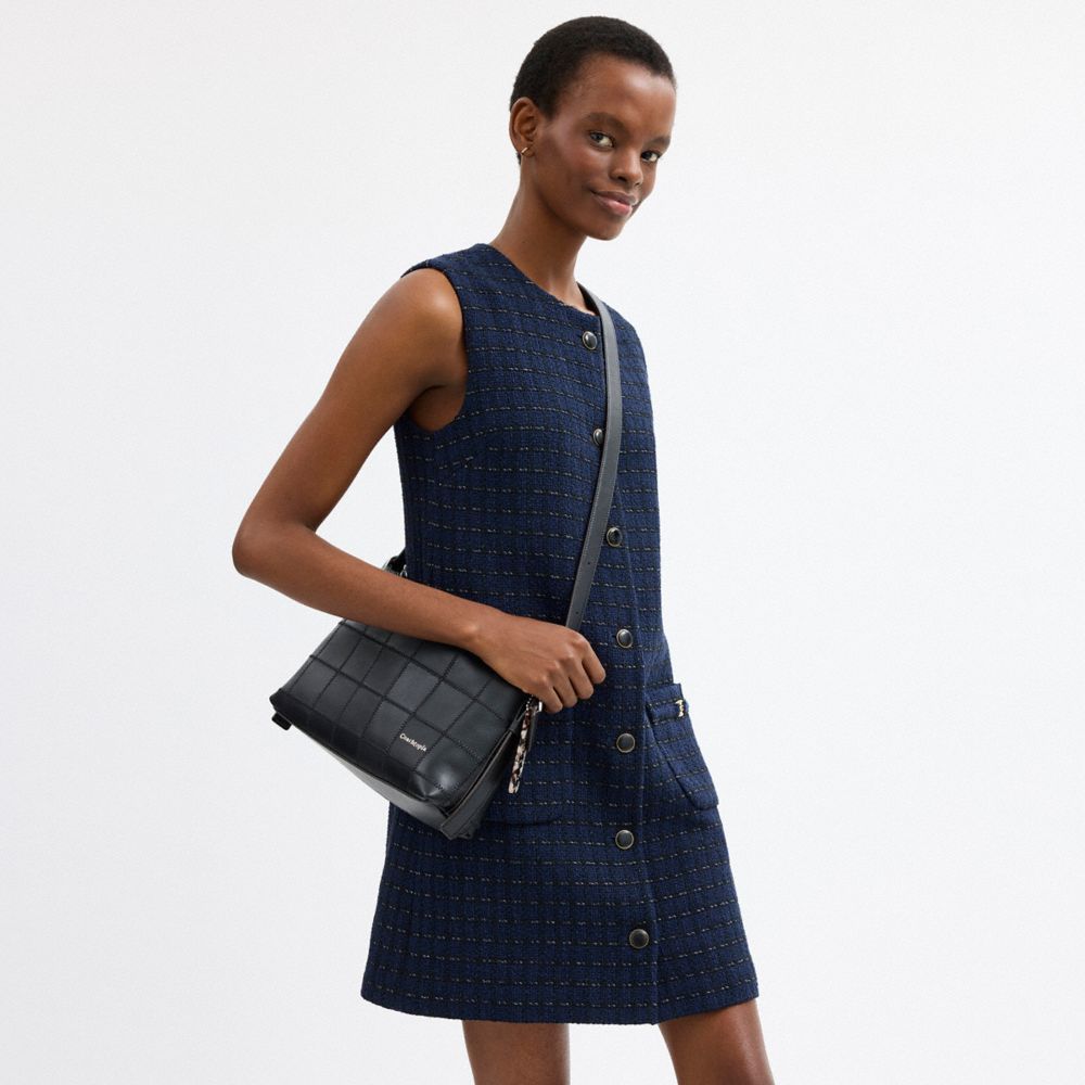 COACH®,Alter/Ego Slouchy Shoulder Bag In Checkerboard Upcrafted Leather,Leather,Shoulder Bag,Patchwork,Logo,Adjustable,Veg...,Black,Detail View