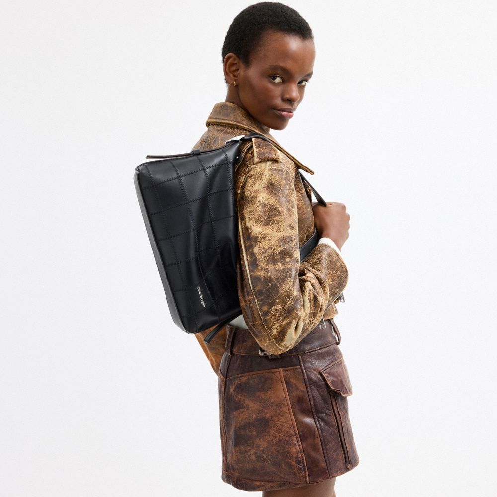 COACH®,Alter/Ego Slouchy Shoulder Bag In Checkerboard Upcrafted Leather,Leather,Shoulder Bag,Patchwork,Logo,Adjustable,Veg...,Black,Detail View