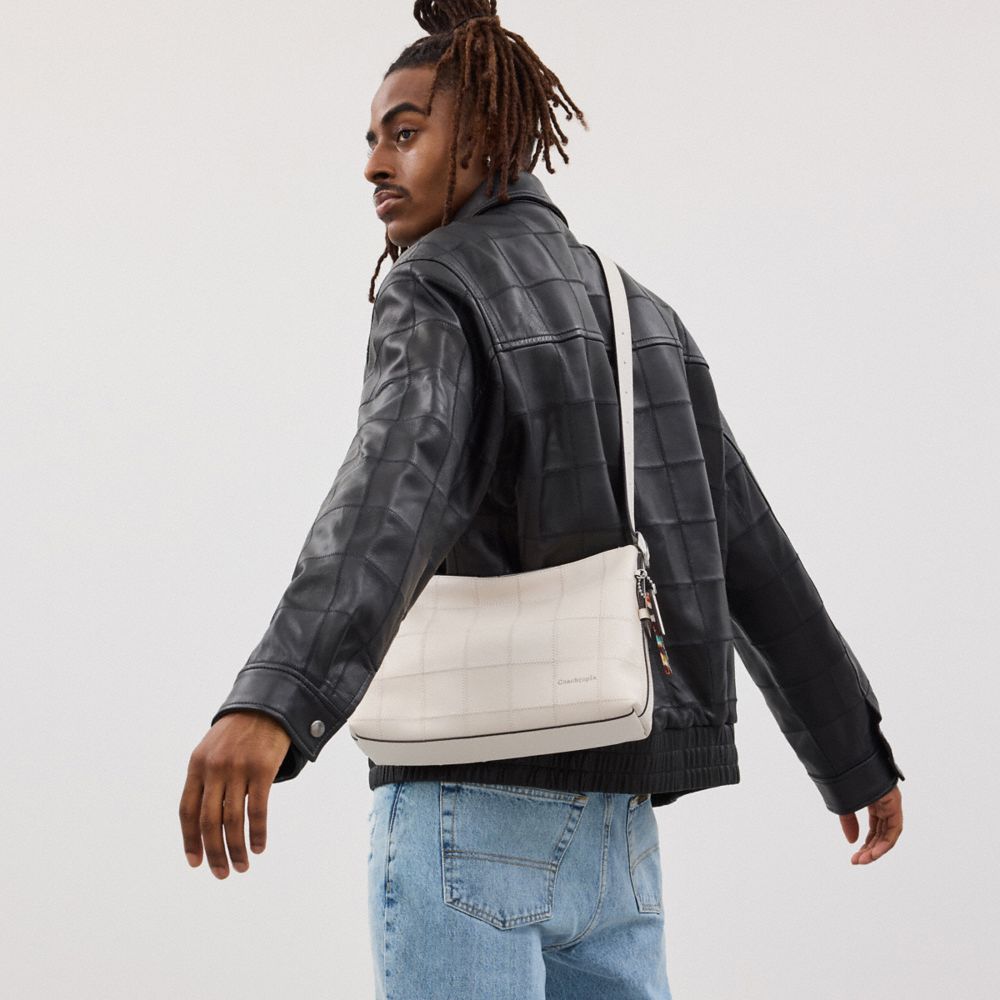 COACH®,Alter/Ego Slouchy Shoulder Bag In Checkerboard Upcrafted Leather,Leather,Shoulder Bag,Patchwork,Logo,Adjustable,Veg...,White,Detail View