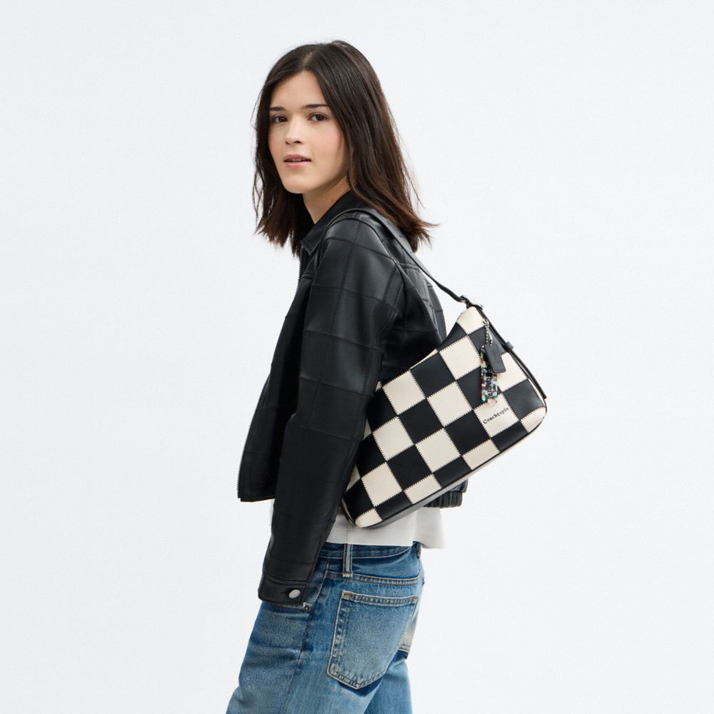 COACH®,Alter/Ego Slouchy Shoulder Bag In Checkerboard Upcrafted Leather,Leather,Shoulder Bag,Patchwork,Logo,Adjustable,Veg...,Multi Color,Detail View
