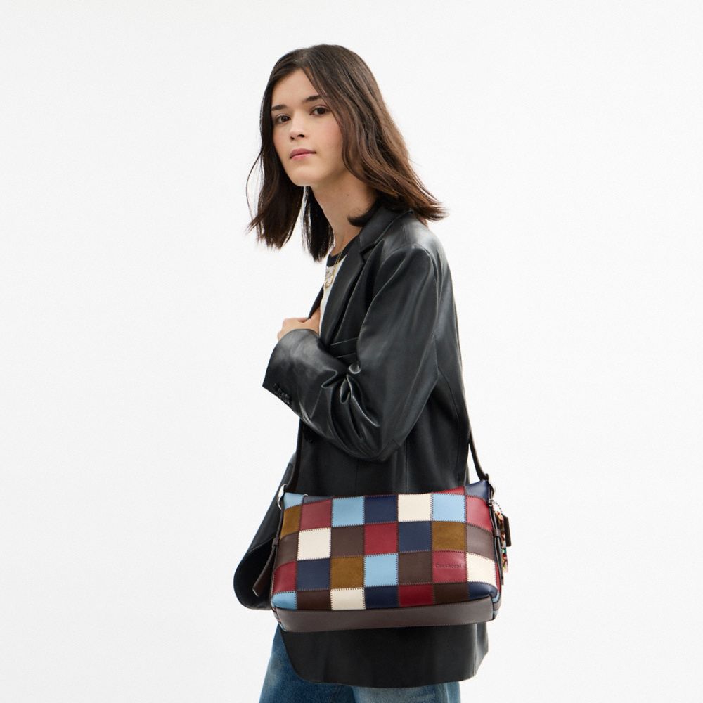 COACH®,Alter/Ego Slouchy Shoulder Bag In Checkerboard Upcrafted Leather,Leather,Shoulder Bag,Patchwork,Logo,Adjustable,Veg...,Multi Color,Detail View