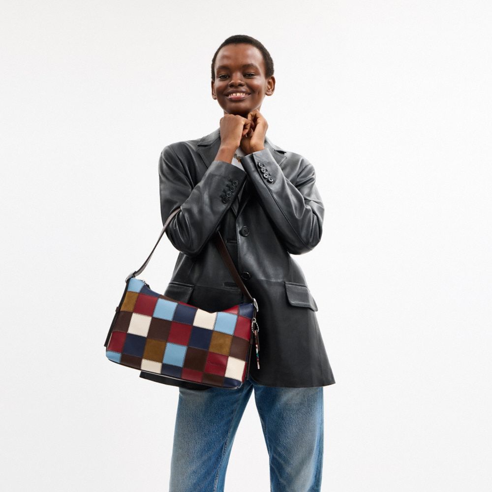 COACH®,Alter/Ego Slouchy Shoulder Bag In Checkerboard Upcrafted Leather,Leather,Shoulder Bag,Patchwork,Logo,Adjustable,Veg...,Multi Color,Detail View