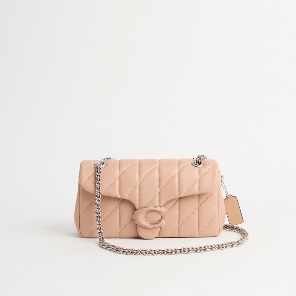 COACH®,Restored Tabby Shoulder Bag 26 With Quilting,Shoulder Bag,Logo,Engraved Detail,Metal,Sustainable,Silver Metal,Day P...,Beige,Front View