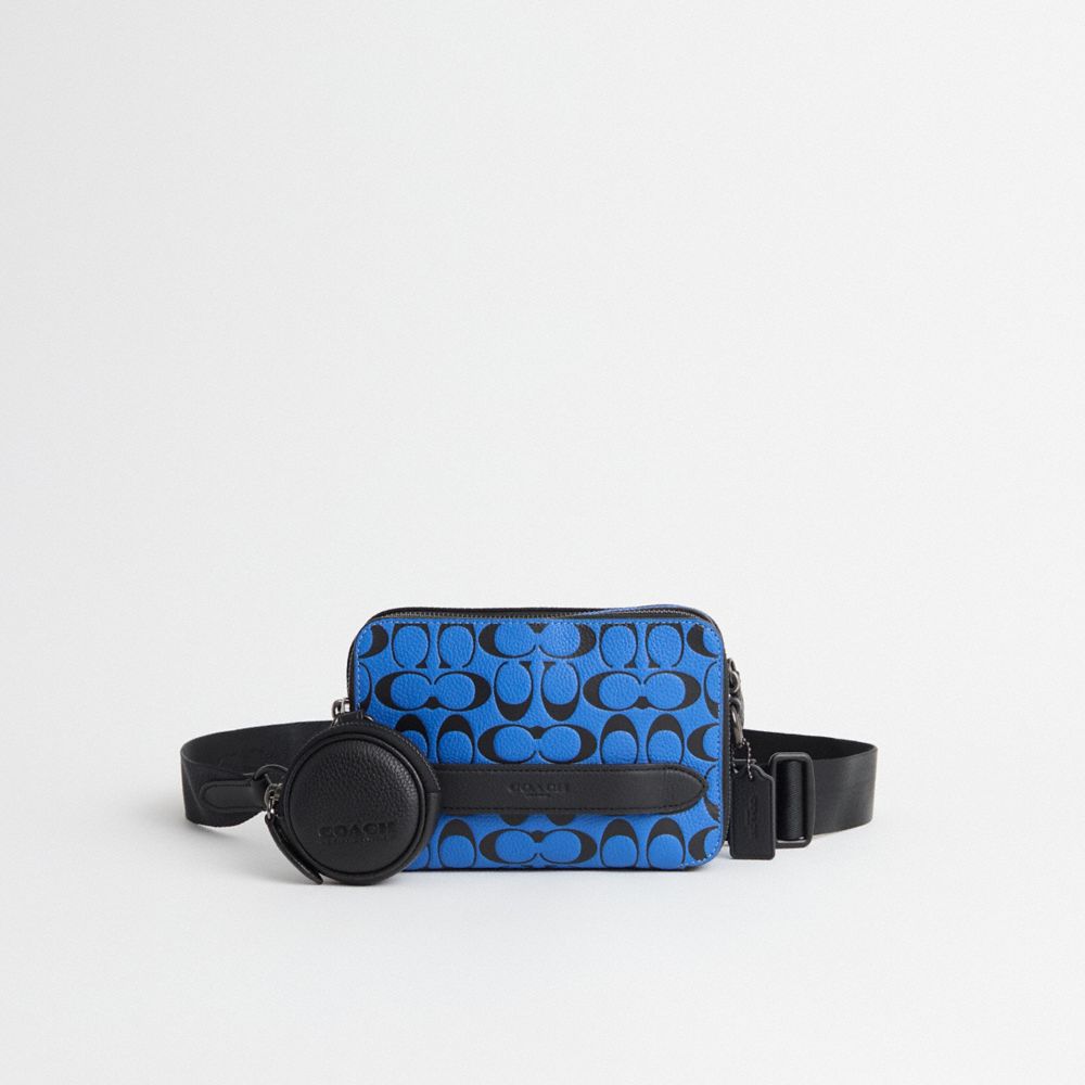 COACH®,Restored Charter Crossbody With Hybrid Pouch In Signature Leather,Belt Bag,Coin,Color Block,Logo,Embossed,Chest Wai...,Blue,Black,Front View