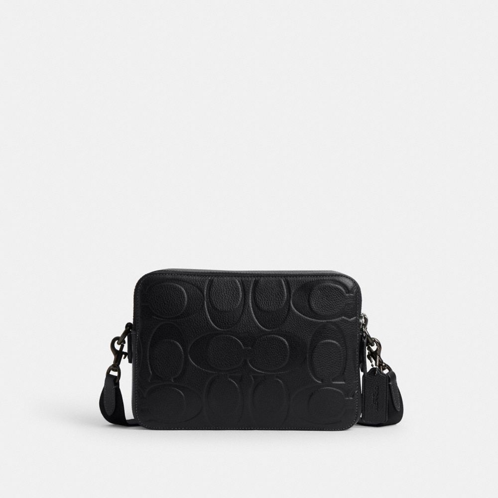 COACH®,Charter Crossbody Bag 24 In Maxi Signature Leather,Leather,Crossbody,Adjustable,Casual,Black,Front View