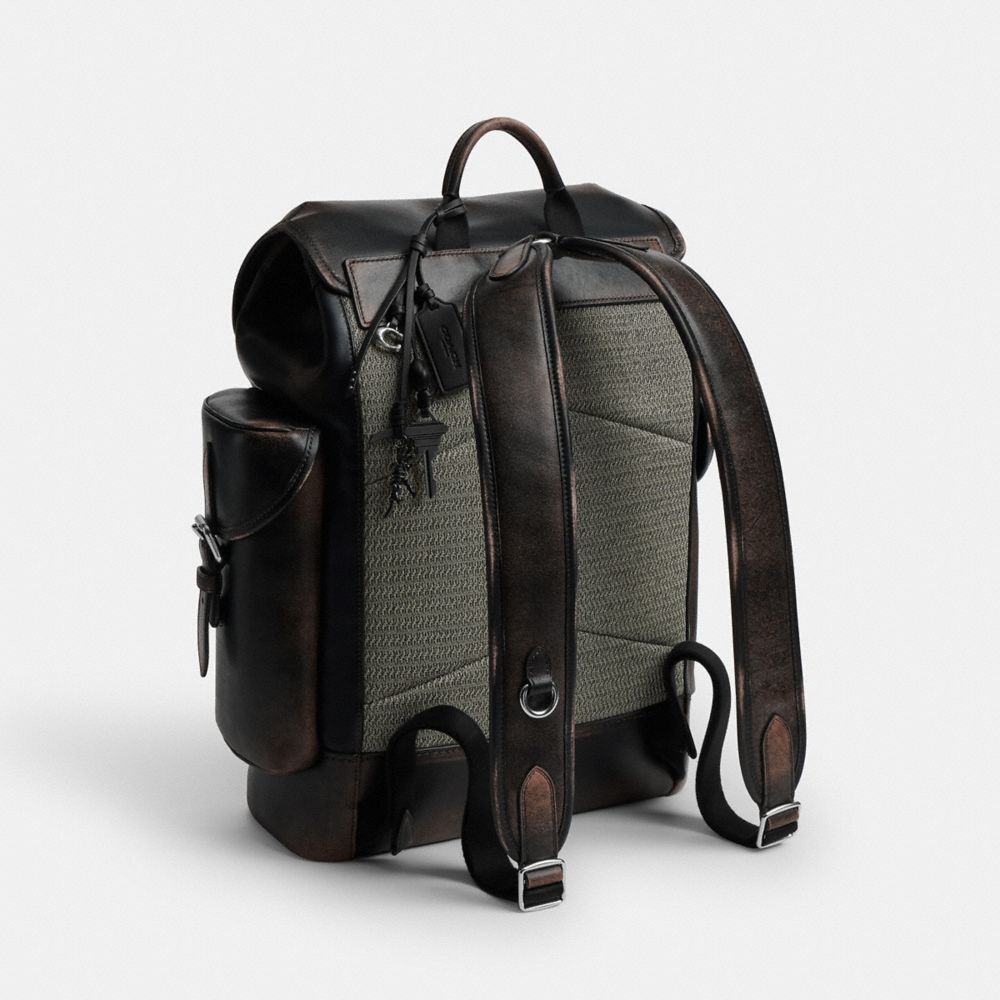 COACH®,Hitch Backpack In Loved Leather,Mesh,Lining Microfiber,Leather,Backpack,Adjustable,Durable Fabric,Silver Metal,Casual,Black,Angle View