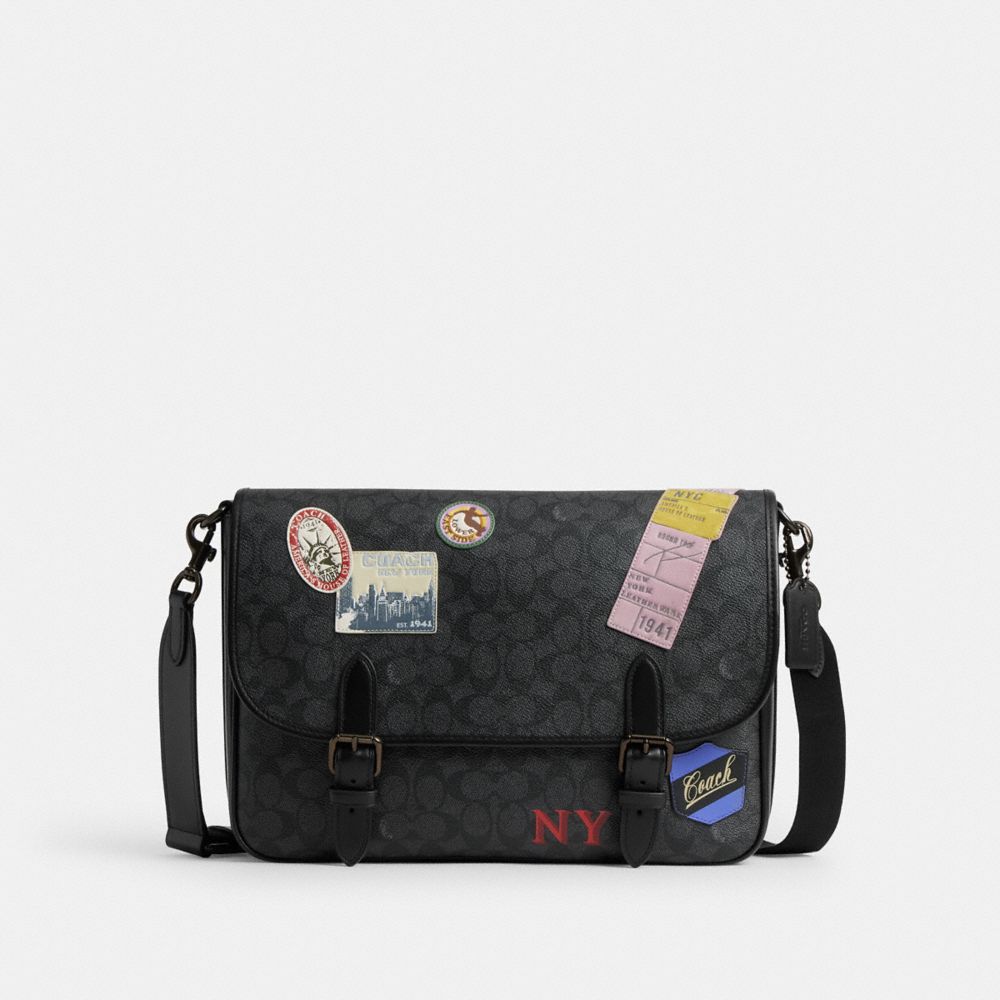 COACH®,Hitch Messenger Bag In Signature Canvas With Patches,Canvas,Messenger Bag,Applique,Casual,Multi Color,Front View