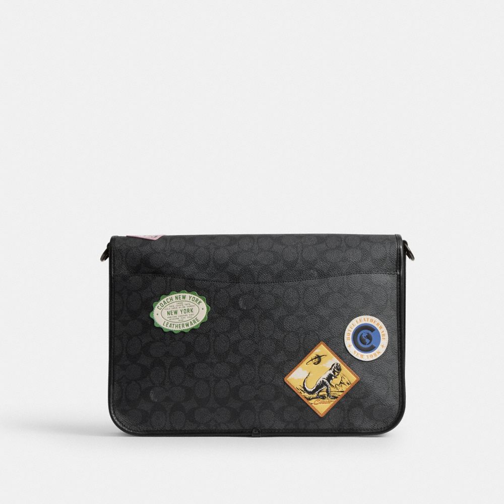 COACH®,Hitch Messenger Bag In Signature Canvas With Patches,Canvas,Messenger Bag,Applique,Casual,Multi Color,Back View