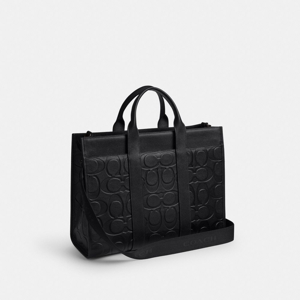 COACH®,Wesley Tote In Maxi Signature Leather,Leather,Tote,Metal,Casual,Black,Angle View