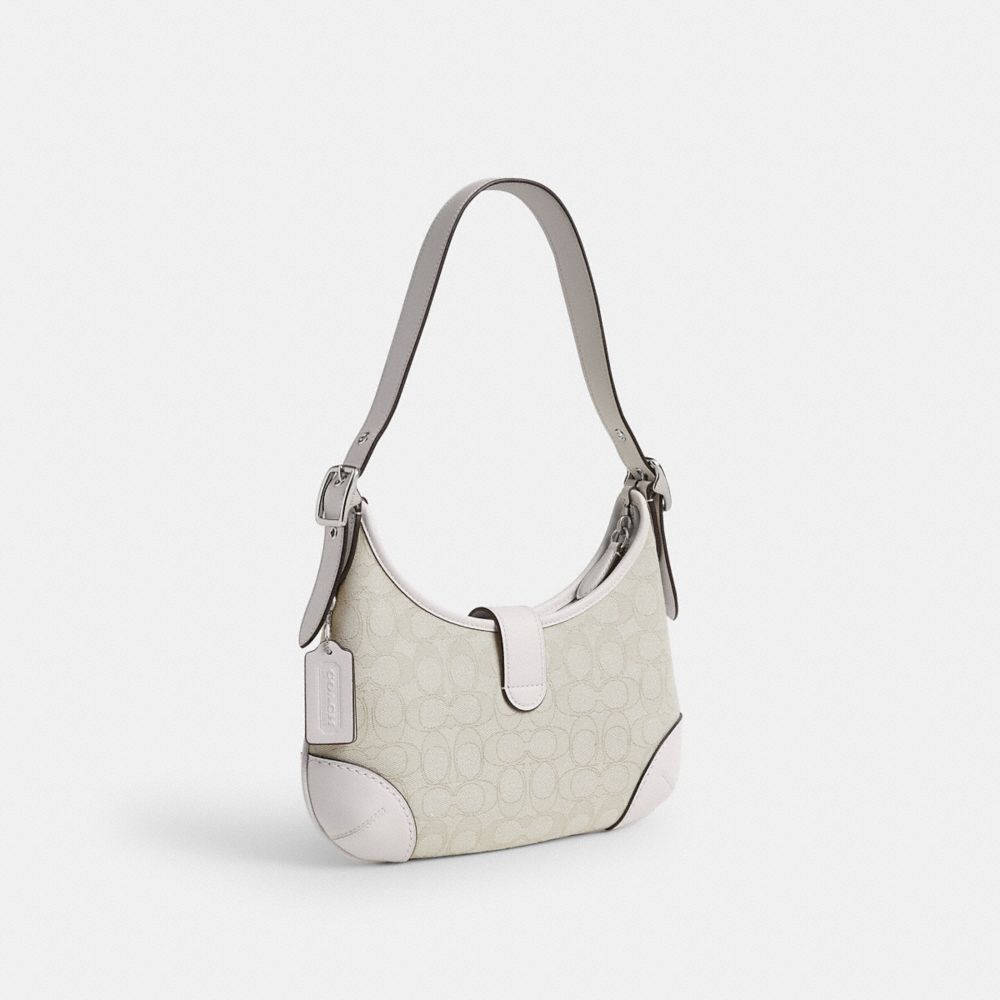COACH®,Hamptons Hobo Bag In Signature Jacquard,Recycled Polyester,Shoulder Bag,Color Block,Logo,Brass,Casual,Gray,Angle View