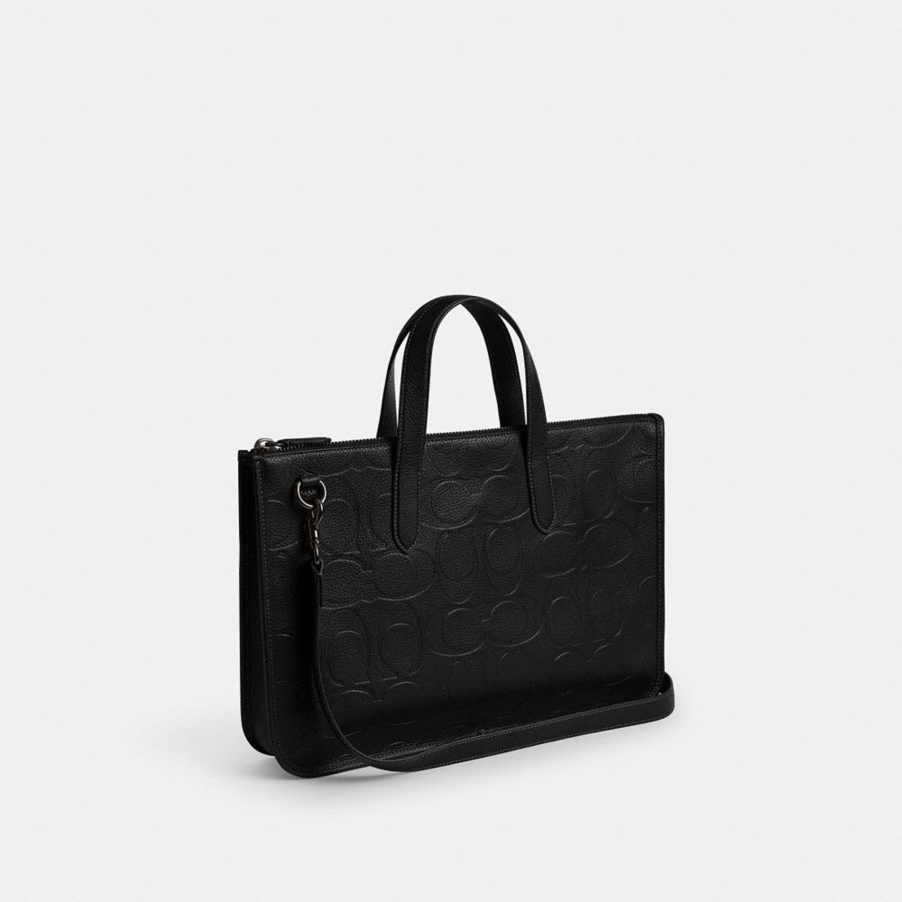 COACH®,Isaac Workbag In Maxi Signature Leather,Leather,Tote,Metal,Work,Casual,Black,Angle View