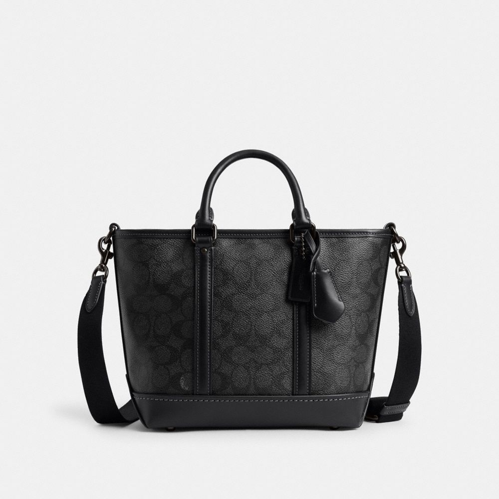 COACH®,Metropolitan Carryall Bag 22 In Signature Canvas,Calfskin Leather,Canvas,Tote,Gunmetal,Work,Black,Front View