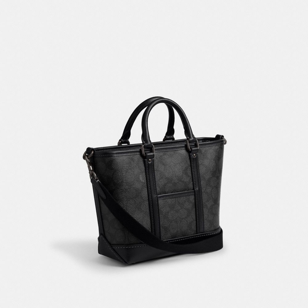 COACH®,Metropolitan Carryall Bag 22 In Signature Canvas,Calfskin Leather,Canvas,Tote,Gunmetal,Work,Black,Angle View