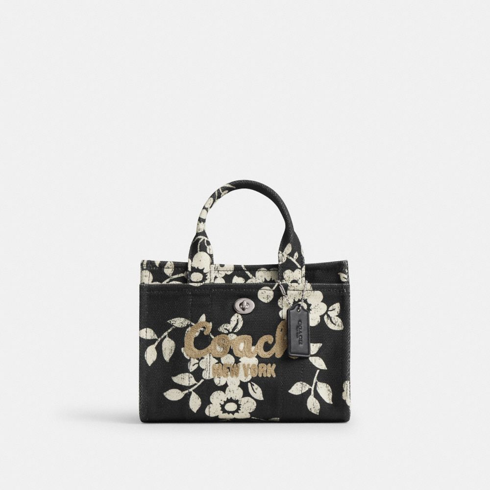 COACH®,Cargo Tote Bag 20 With Floral Print,Cotton,Tote,Silver Metal,Casual,Black,Front View