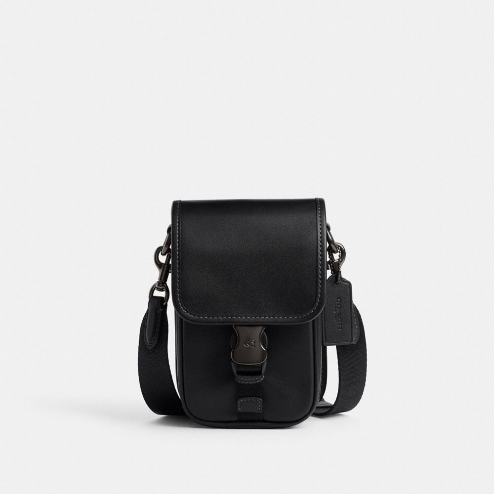 COACH®,League Phone Crossbody Bag,Leather,Crossbody,Engraved Detail,Logo,Casual,Black,Front View