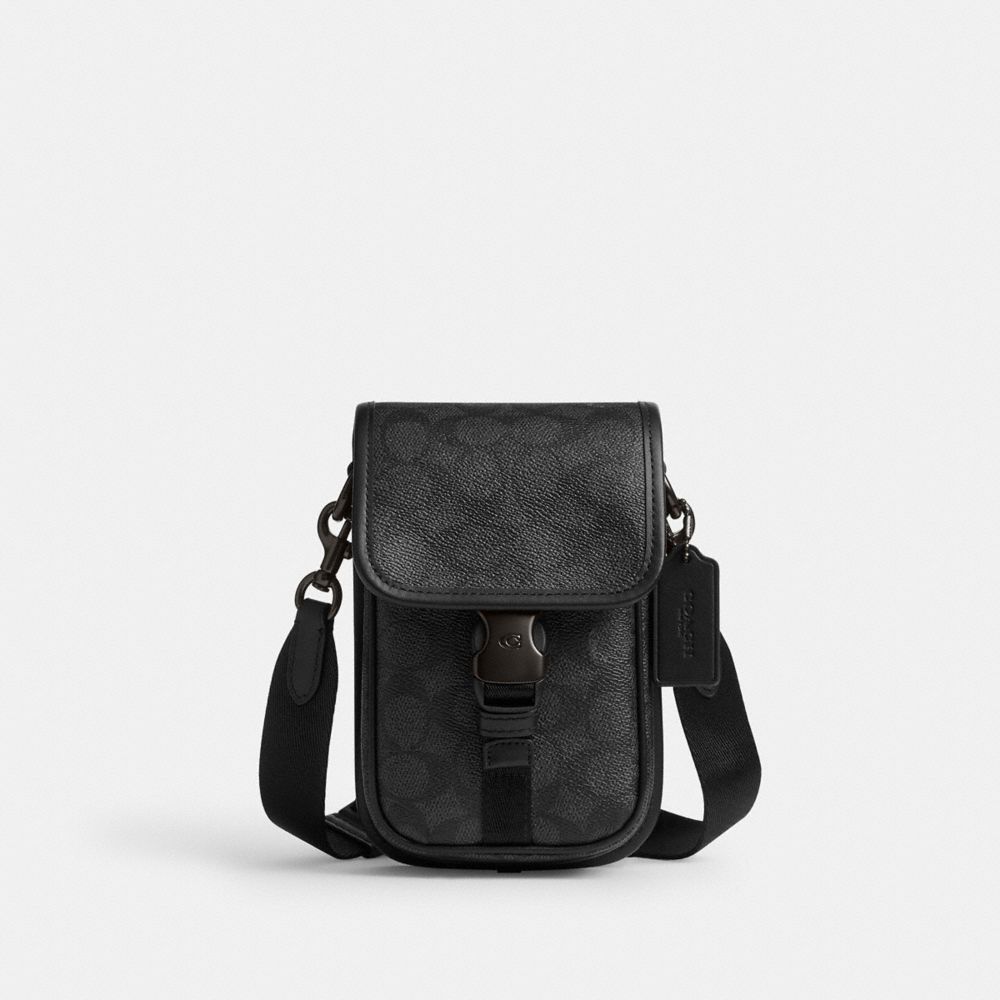 COACH®,League Phone Crossbody Bag In Signature Canvas,Calfskin Leather,Canvas,Crossbody,Casual,Black,Front View