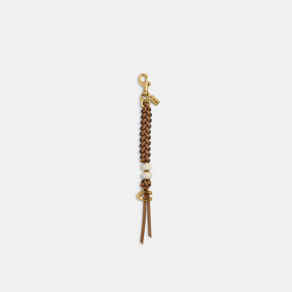 COACH®,Heritage Bead Bag Charm,Leather,Bag Charm,Bead Embellishment,Braided,Metal,Logo,Silver Metal,Casual,Brown,Front View