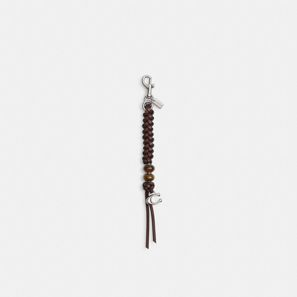 COACH®,Heritage Bead Bag Charm,Leather,Bag Charm,Bead Embellishment,Braided,Metal,Logo,Silver Metal,Casual,Brown,Front View