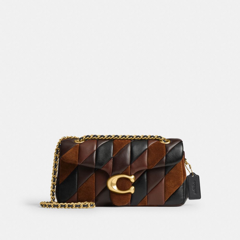 COACH®,Tabby Shoulder Bag 26 With Quilting,Suede,Shoulder Bag,Metal,Mixed Media,Logo,Patchwork,Adjustable,Compact,Brass,Da...,Multi Color,Front View