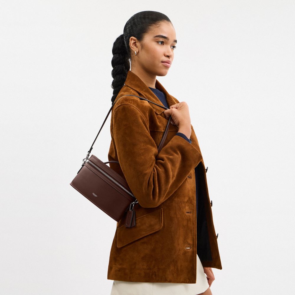 COACH®,Trail Bag,Leather,Satchel,Logo,Brass,Work,Brown,Detail View