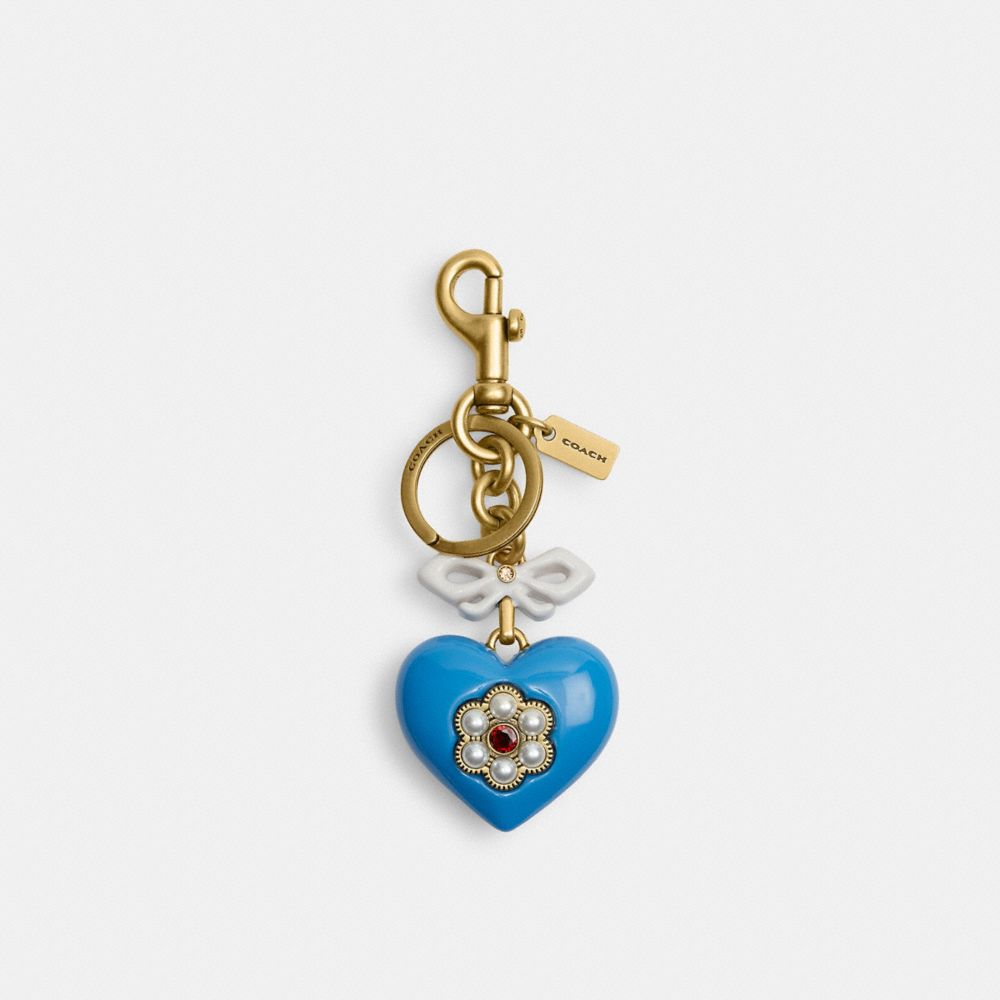 COACH®,Heart Bag Charm,Bag Charm,Key Chain,Bow,3D Embellishment,Rhinestones,Brass,Casual,Blue,Front View