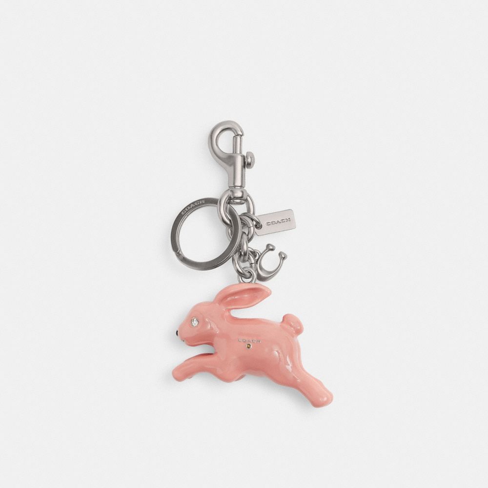 COACH®,Bunny Bag Charm,Bag Charm,3D Embellishment,Rhinestones,Logo,Metal,Silver Metal,Casual,Blush,Front View