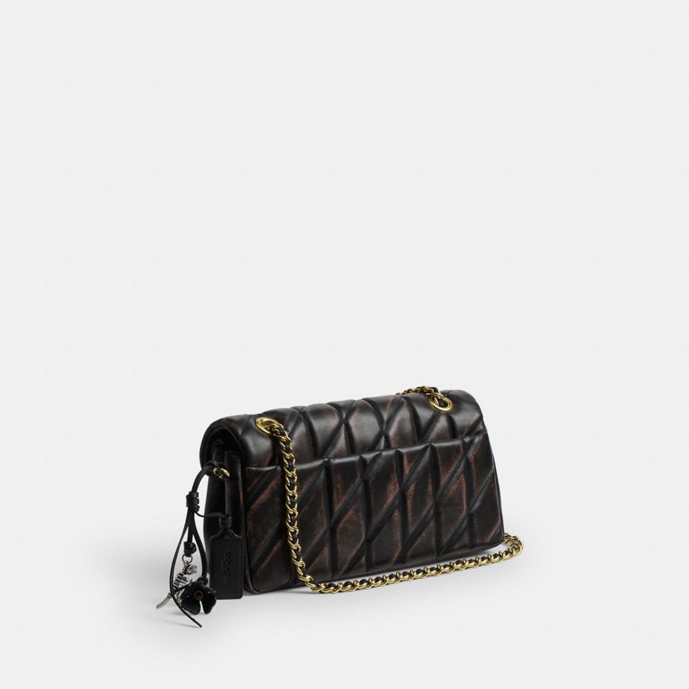 COACH®,Tabby Shoulder Bag 26 In Loved Leather With Quilting,Crossbody,Metal,Logo,Day Party,Black,Angle View