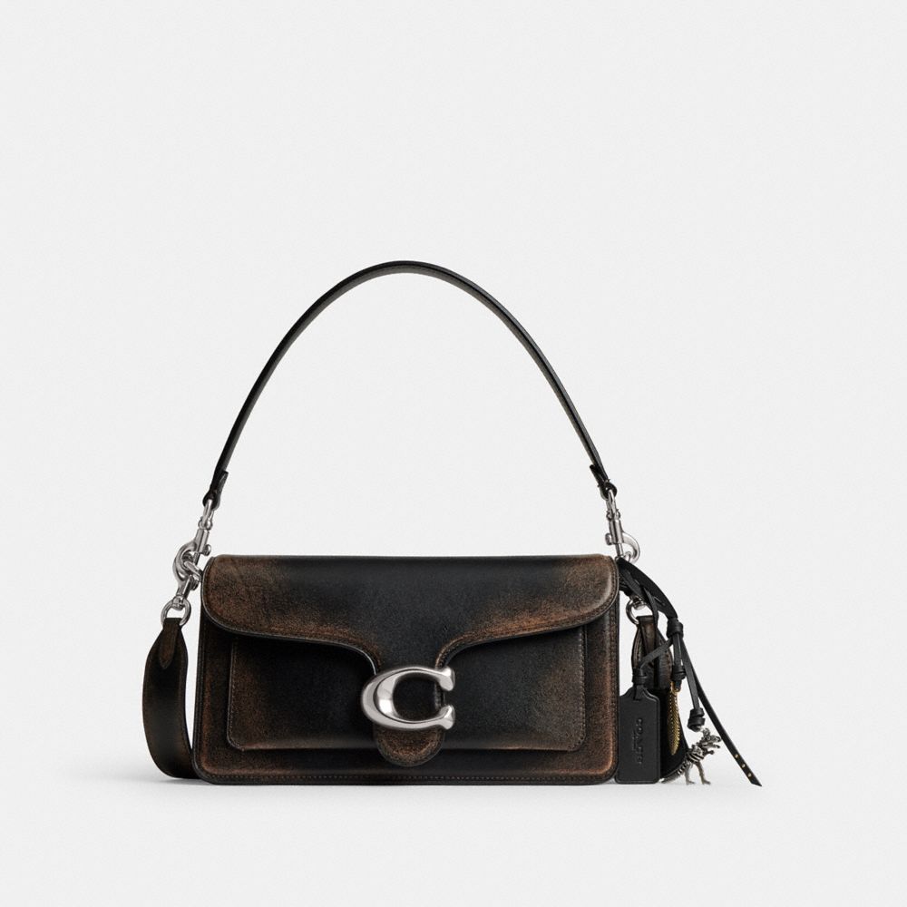 COACH®,Tabby Shoulder Bag 26 In Loved Leather,Leather,Shoulder Bag,Logo,Metal,Compact,Silver Metal,Day Party,Black,Front View