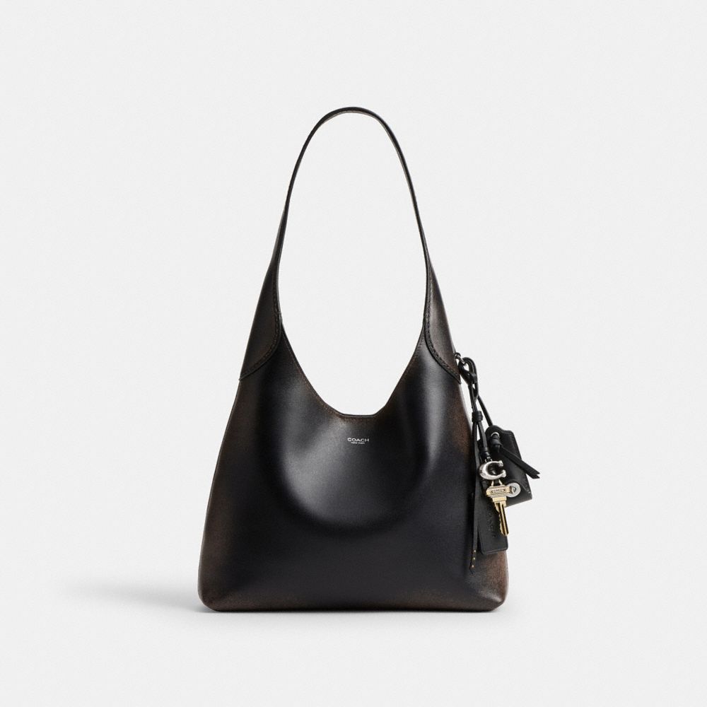 COACH®,Brooklyn Shoulder Bag 28 In Loved Leather,Leather,Lining Leather,Hobo,Logo,Metal,3D Embellishment,Key Ring,Lined,Go...,Black,Front View