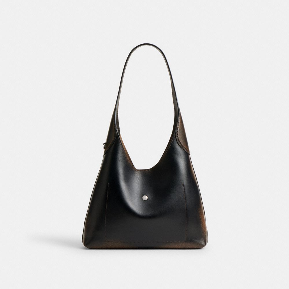 COACH®,Brooklyn Shoulder Bag 28 In Loved Leather,Leather,Lining Leather,Hobo,Logo,Metal,3D Embellishment,Key Ring,Lined,Go...,Black,Back View