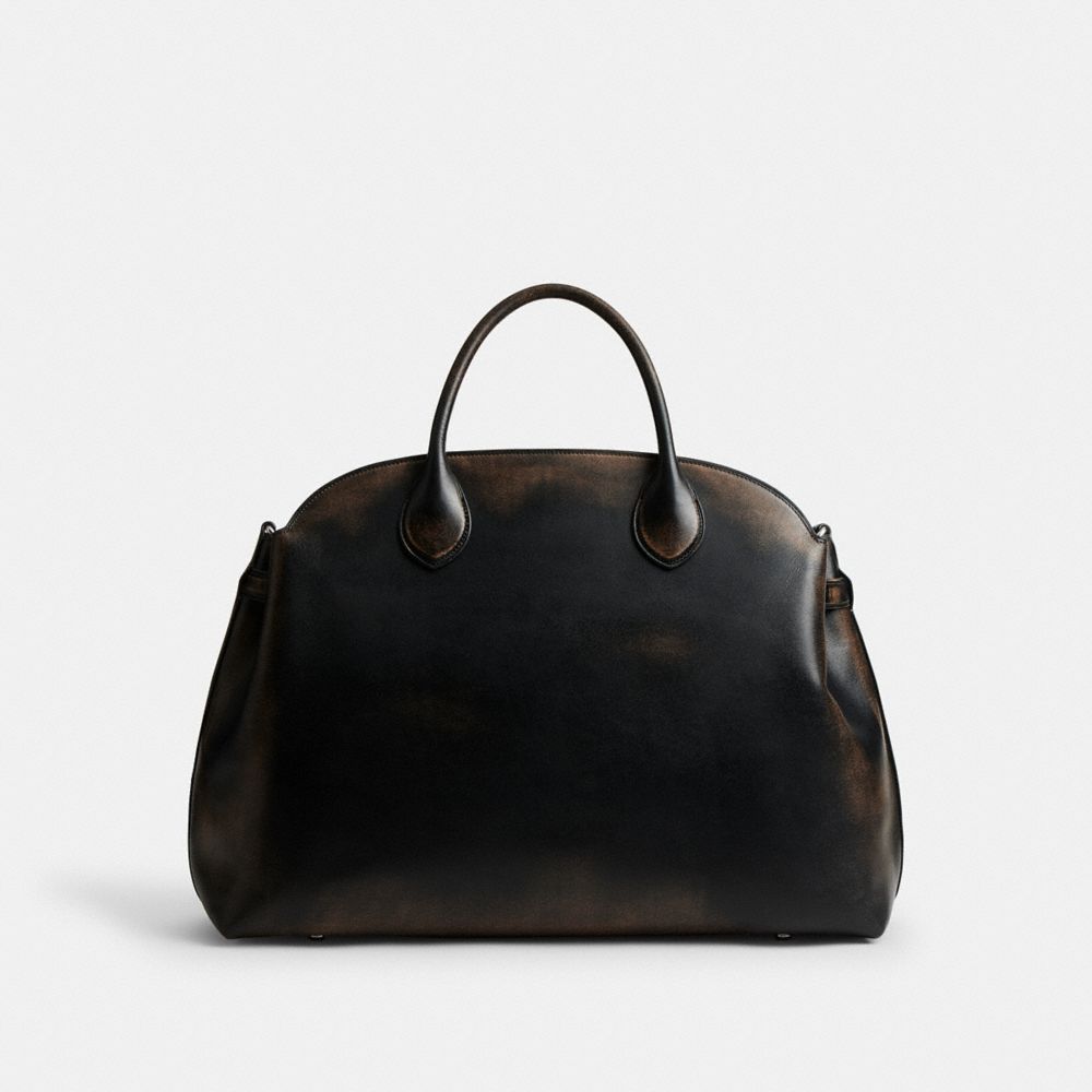 COACH®,Soft Empire Carryall Bag 48 In Loved Leather,Leather,Bowler Bag,Metal Material,Metal,Expandable,Lined,Work,Black,Back View