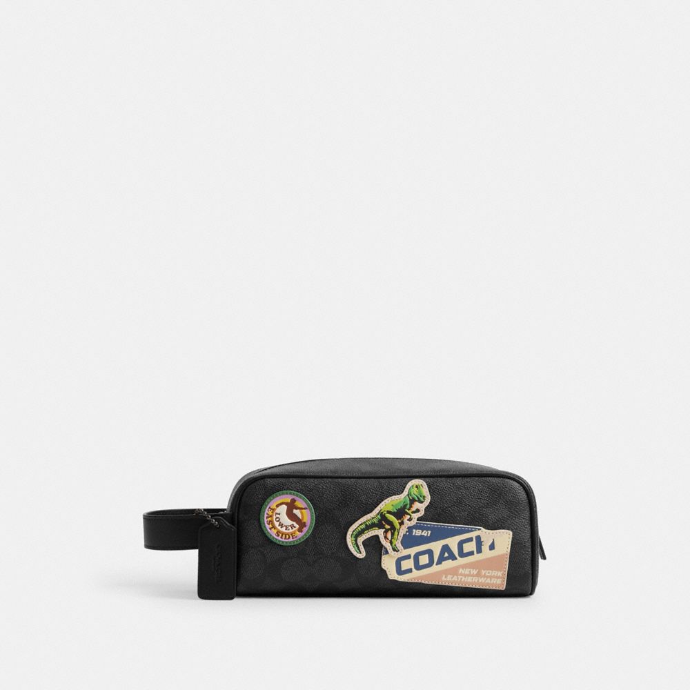 COACH®,Travel Kit In Signature Canvas With Patches,Leather,Canvas,Toiletry Bag,Logo,Black,Front View