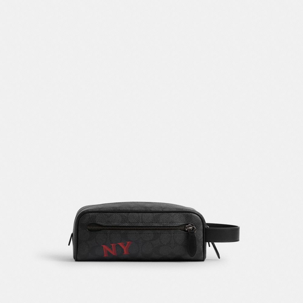 COACH®,Travel Kit In Signature Canvas With Patches,Leather,Canvas,Toiletry Bag,Logo,Black,Back View
