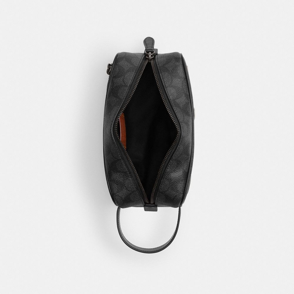 COACH®,Travel Kit In Signature Canvas With Patches,Leather,Canvas,Toiletry Bag,Logo,Black,Inside View,Top View