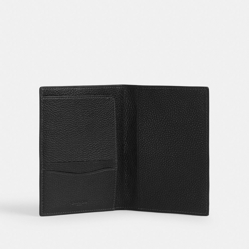 COACH®,Passport Case In Maxi Signature Leather,Leather,Passport Case,Bi Fold,Travel,Black,Inside View,Top View
