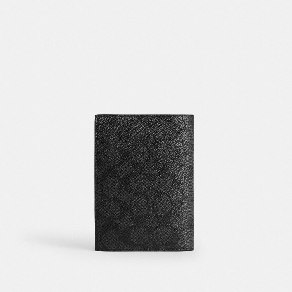 COACH®,Passport Case In Signature Canvas With Patches,Calfskin Leather,Canvas,Bi Fold,Passport Case,Applique,Travel,Black,Back View