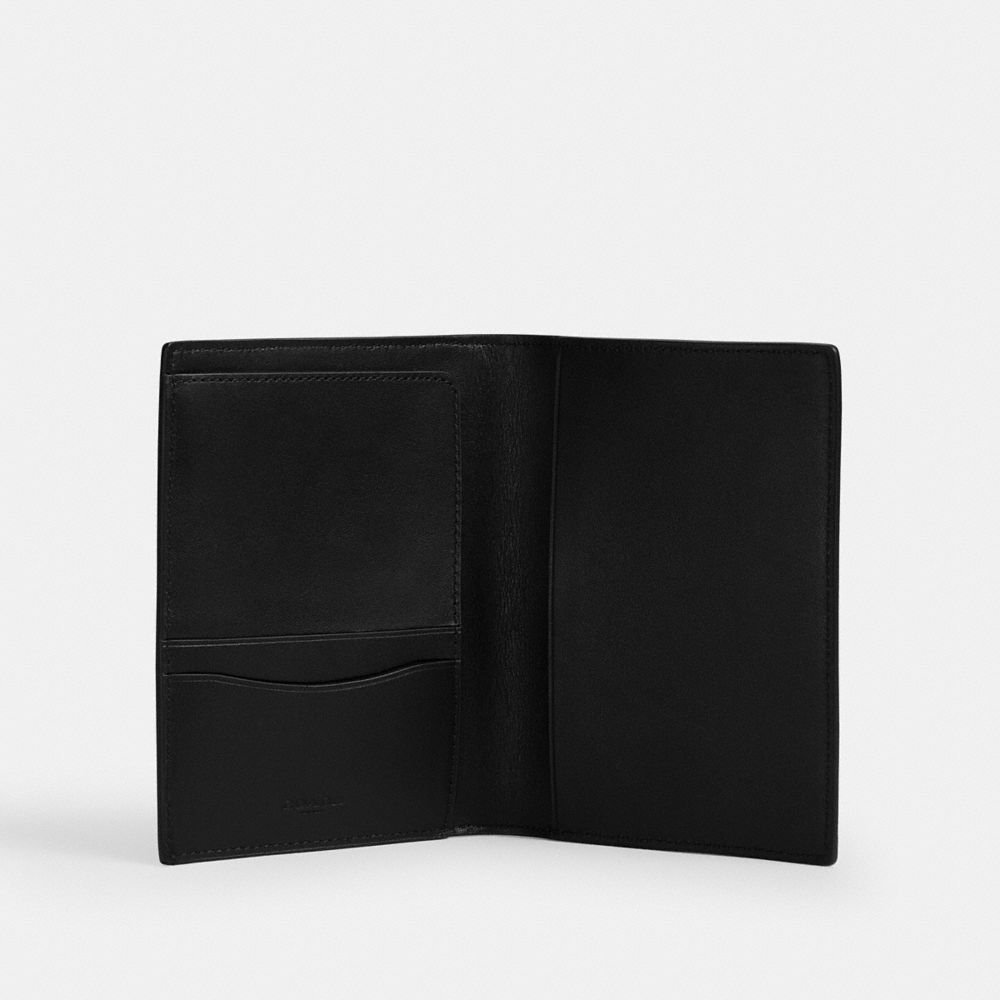 COACH®,Passport Case In Signature Canvas With Patches,Calfskin Leather,Canvas,Bi Fold,Passport Case,Applique,Travel,Black,Inside View,Top View