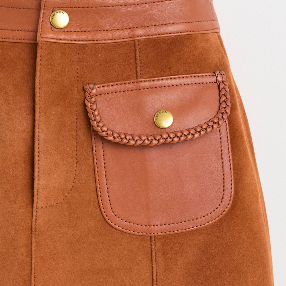 COACH®,Restored Braided Suede Mini Skirt,Polyester,Viscose,A-Line,Braided,Day Party,Brown,Scale View