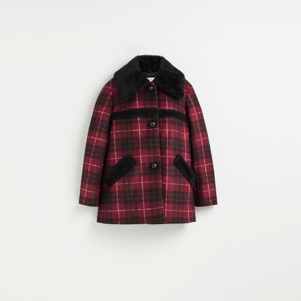 COACH®,Restored Plaid Wool Coat With Shearling Trim,,Front View