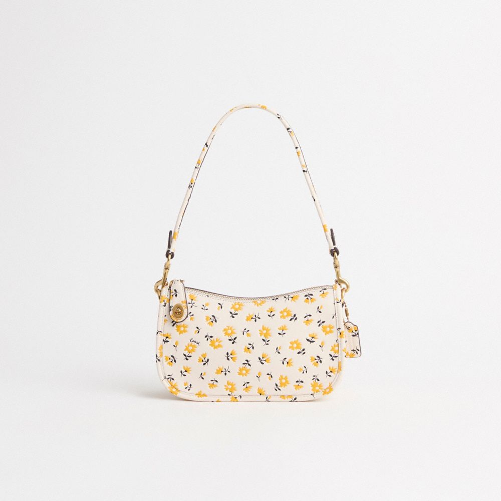 COACH®,Restored Swinger Bag 20 With Floral Print,Leather,Shoulder Bag,Logo,Brass,Casual,White,Front View