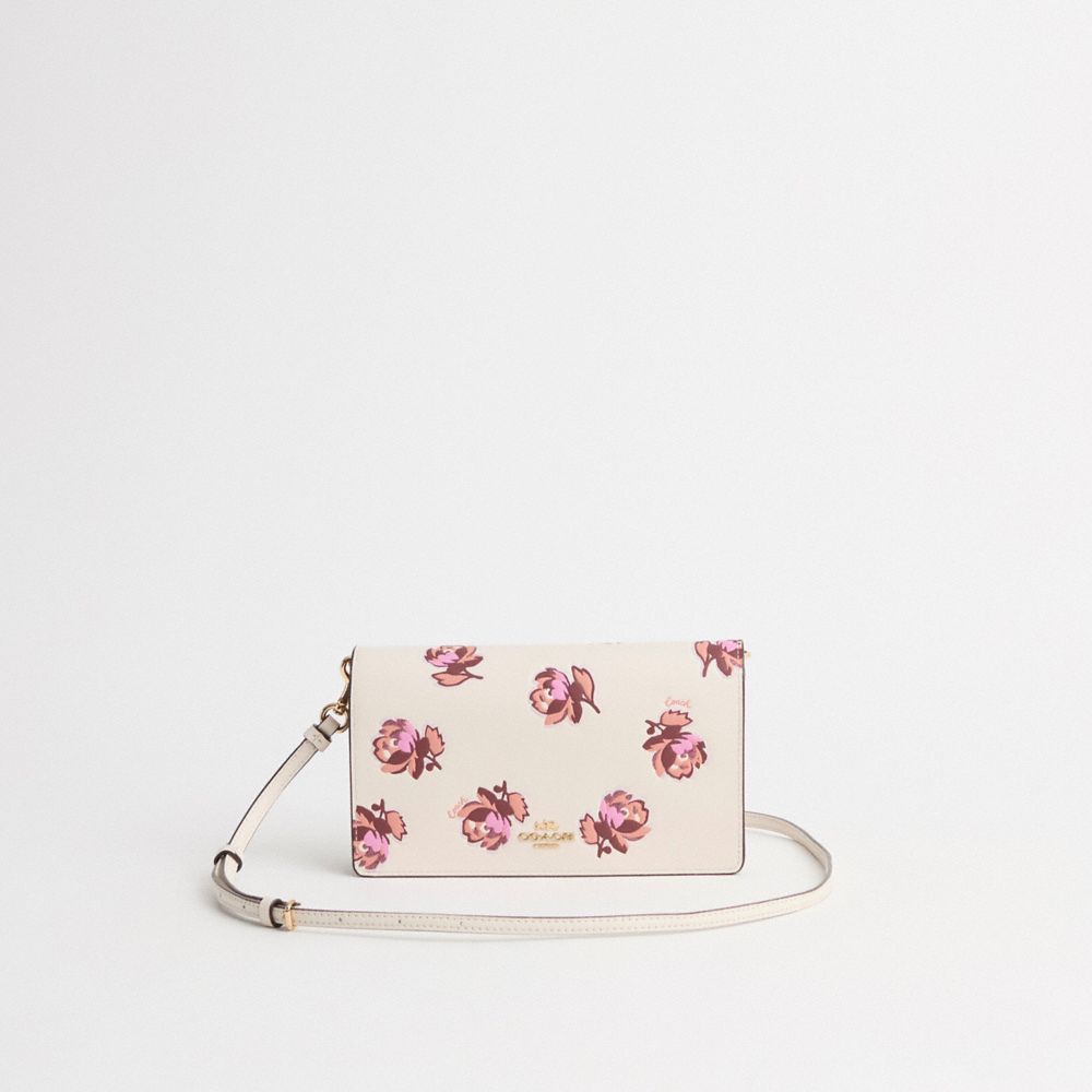 COACH®,Restored Hayden Foldover Crossbody Clutch Bag With Floral Print,Calfskin Leather,Crossbody,Logo,Metal,Casual,Cream,Front View