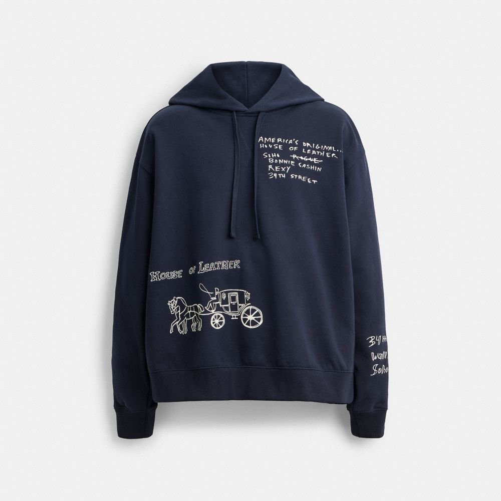 COACH®,Sketch Horse And Carriage Relaxed Hoodie,Cotton,Sweatshirt,Logo,Drawstring,Casual,Navy,Front View