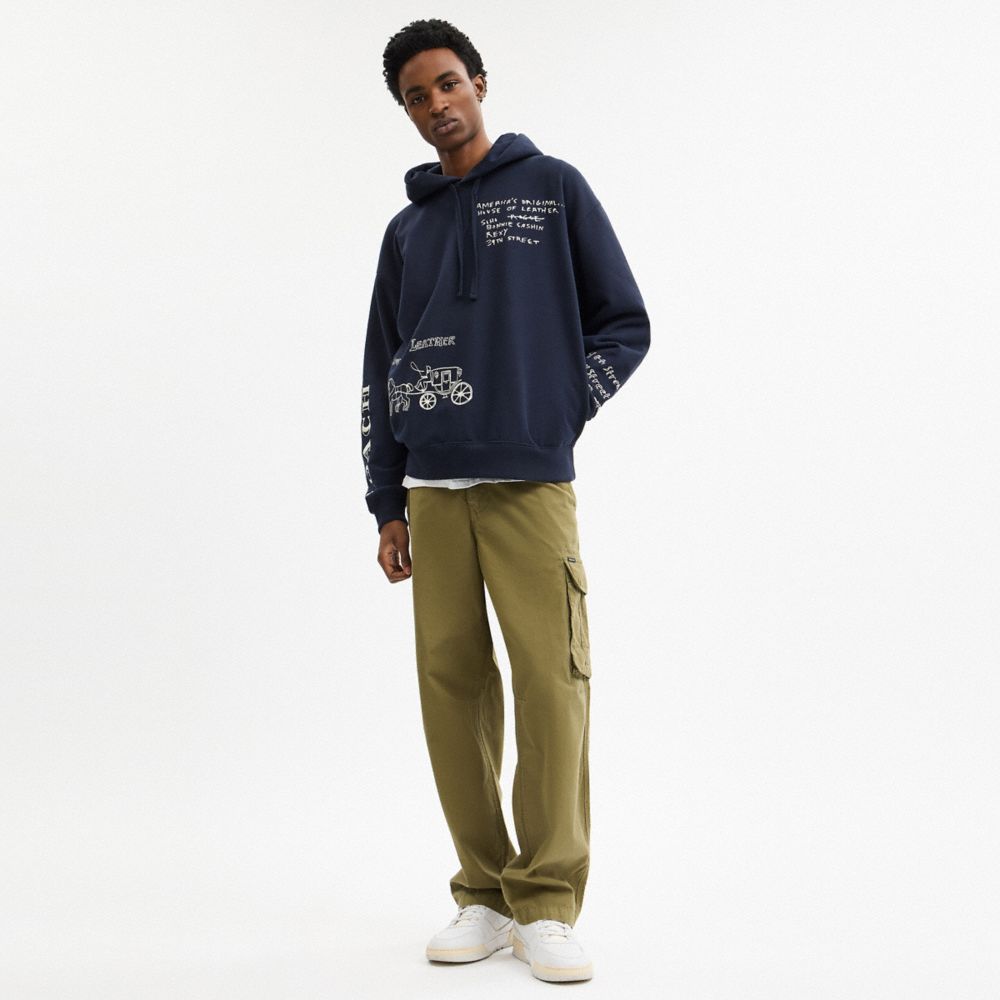 COACH®,Sketch Horse And Carriage Relaxed Hoodie,Cotton,Sweatshirt,Logo,Drawstring,Casual,Navy,Scale View