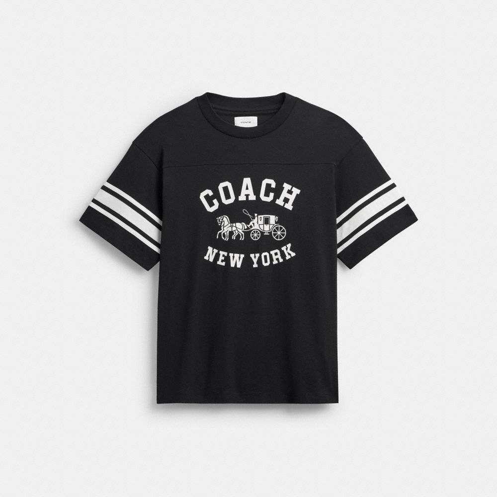 COACH®,Horse And Carriage Relaxed T Shirt In Organic Cotton,Organic Cotton,T Shirt,Logo,Stripe,Sustainable,Eco-Friendly,Ca...,Black,Front View