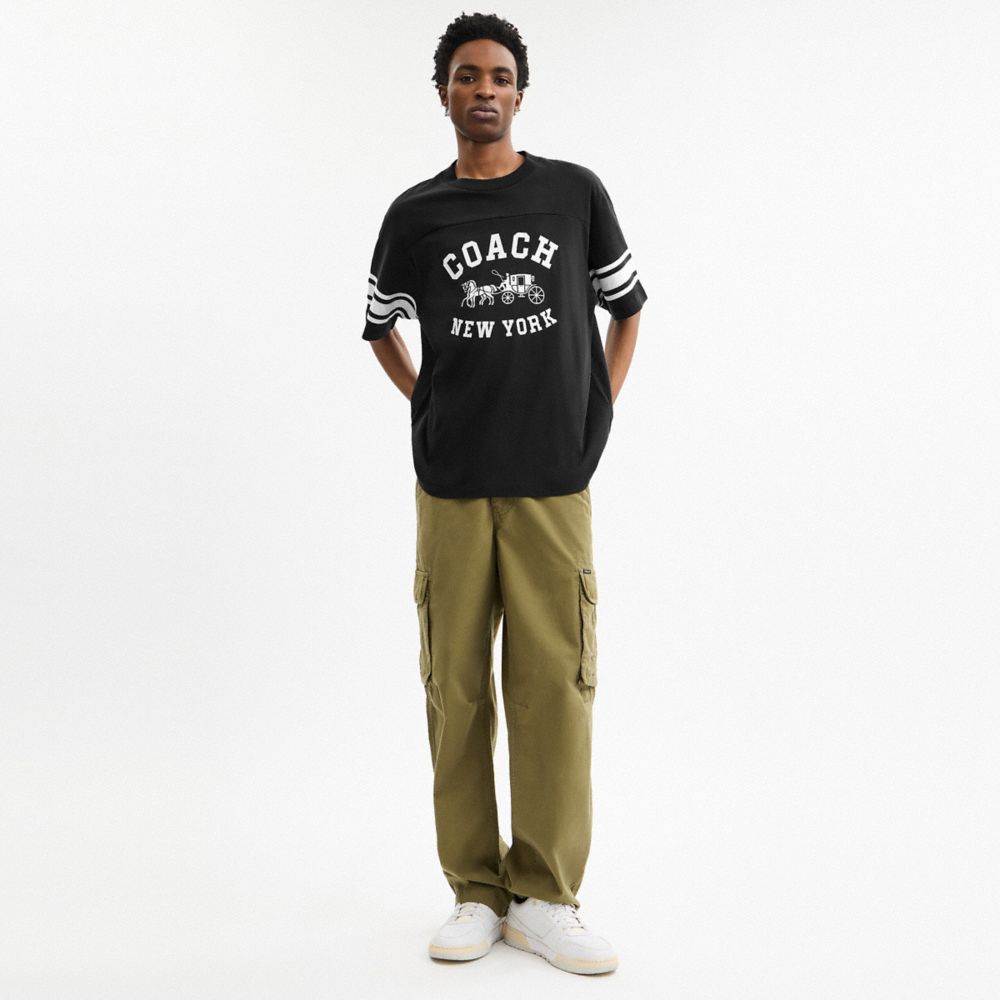 COACH®,Horse And Carriage Relaxed T Shirt In Organic Cotton,Organic Cotton,T Shirt,Logo,Stripe,Sustainable,Eco-Friendly,Ca...,Black,Scale View