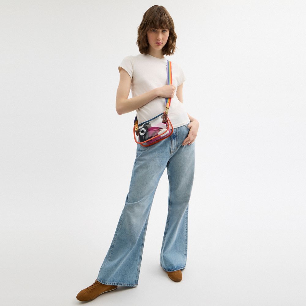 COACH®,Stadium Swinger Bag,Faux Leather,Crossbody,Sheer,Stripe,Piping,PVC Free,Gold Metal,Casual,White