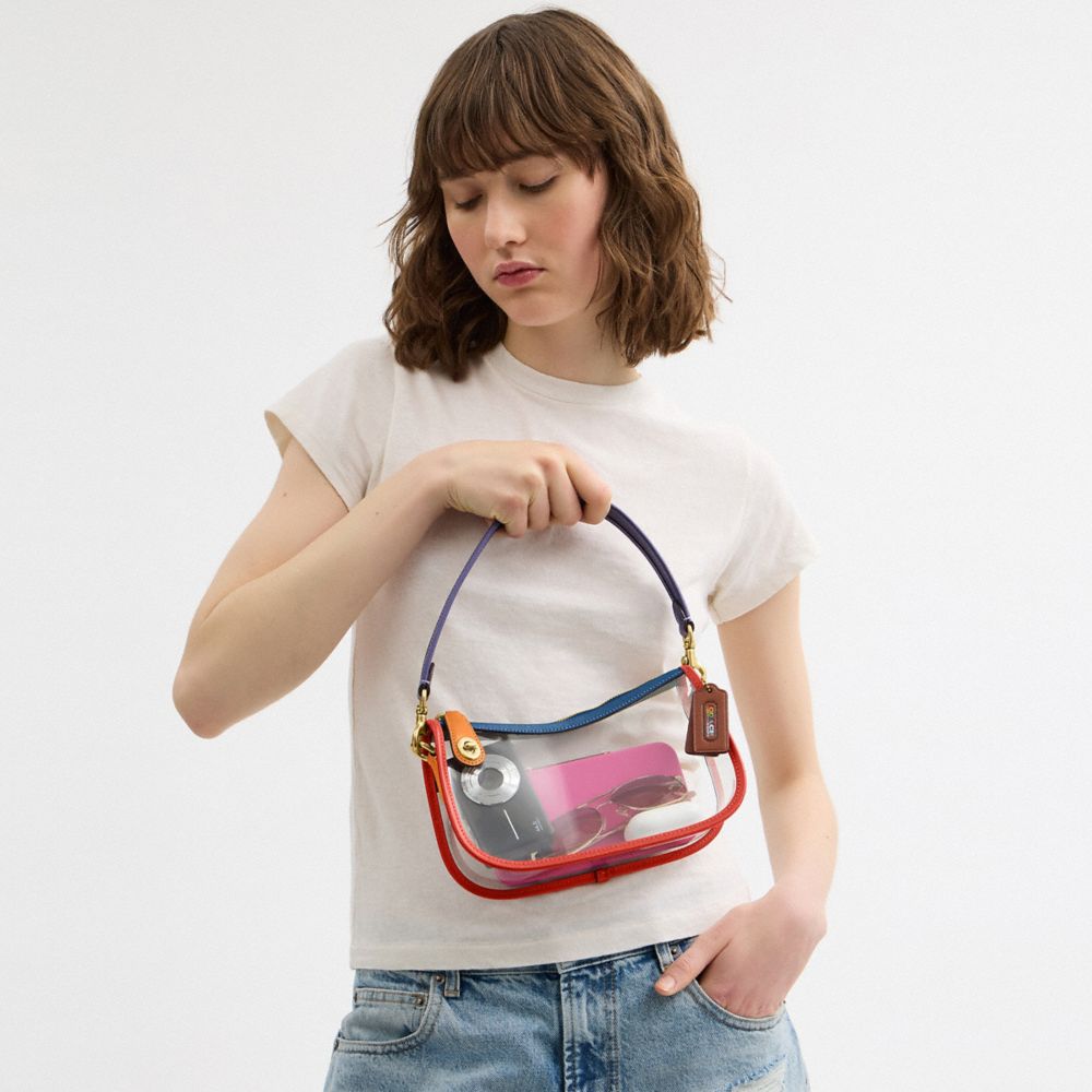 COACH®,Stadium Swinger Bag,Faux Leather,Crossbody,Sheer,Stripe,Piping,PVC Free,Gold Metal,Casual,White,Detail View