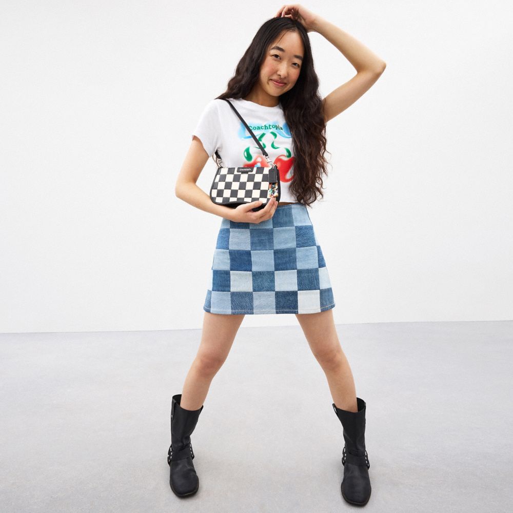 COACH®,Alter/Ego Small Wavy Shoulder Bag In Checkerboard Upcrafted Leather,Leather,Shoulder Bag,Plastic,Logo,Sustainable,D...,Multi Color,Detail View