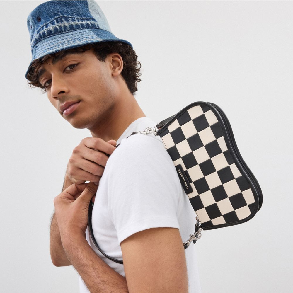 COACH®,Alter/Ego Small Wavy Shoulder Bag In Checkerboard Upcrafted Leather,Leather,Shoulder Bag,Plastic,Logo,Sustainable,D...,Multi Color,Detail View